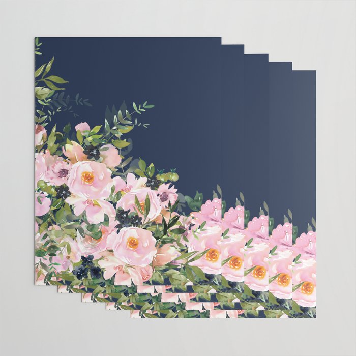 Boho, Floral Watercolor, Roses, Navy Blue and Pink Wrapping Paper Gallery Image 3