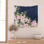 Boho, Floral Watercolor, Roses, Navy Blue and Pink Wall Tapestry Gallery Image 2