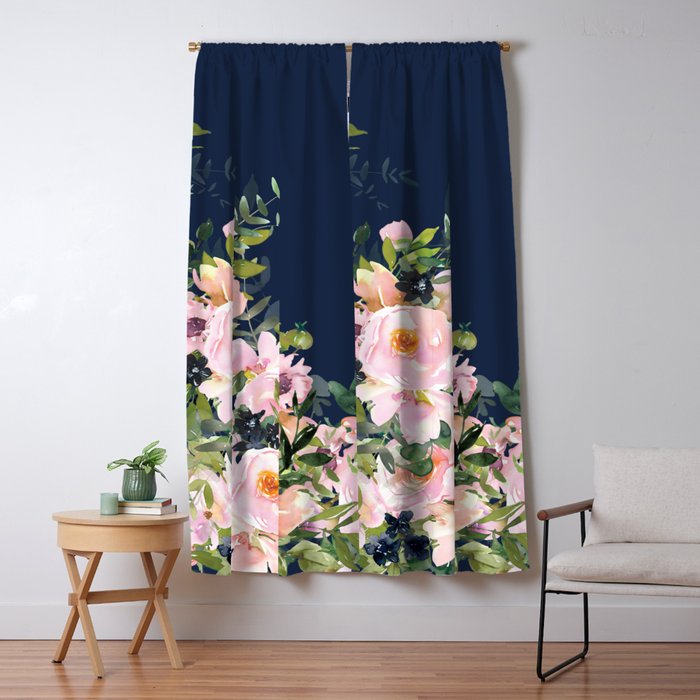 Boho, Floral Watercolor, Roses, Navy Blue and Pink Window Curtain Gallery Image 5