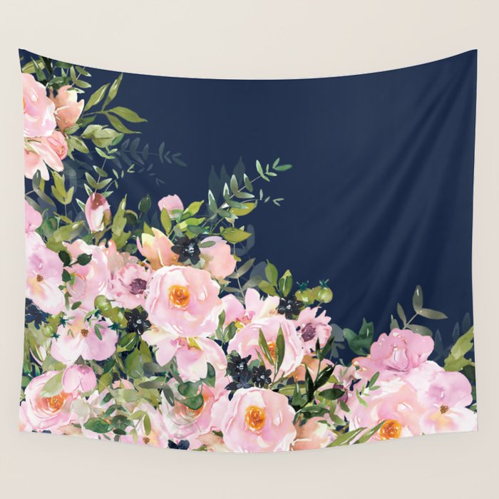 Boho, Floral Watercolor, Roses, Navy Blue and Pink Wall Tapestry Gallery Image 1