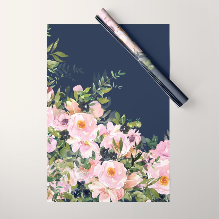 Boho, Floral Watercolor, Roses, Navy Blue and Pink Wrapping Paper Gallery Image 1
