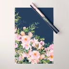 Boho, Floral Watercolor, Roses, Navy Blue and Pink Wrapping Paper Gallery Image 1