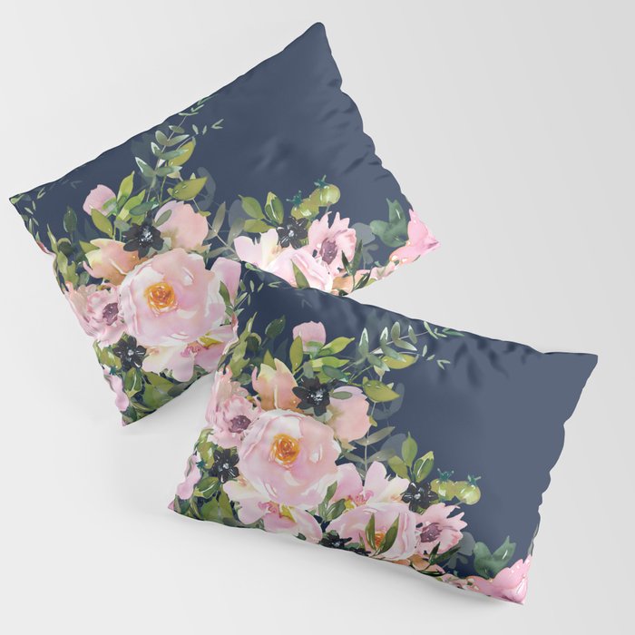 Boho, Floral Watercolor, Roses, Navy Blue and Pink Pillow Sham Gallery Image 1