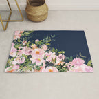 Boho, Floral Watercolor, Roses, Navy Blue and Pink Rug Gallery Image 1