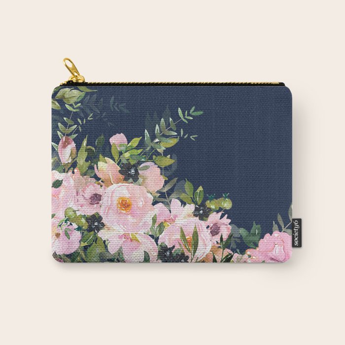 Boho, Floral Watercolor, Roses, Navy Blue and Pink Carry All Pouch Gallery Image 1