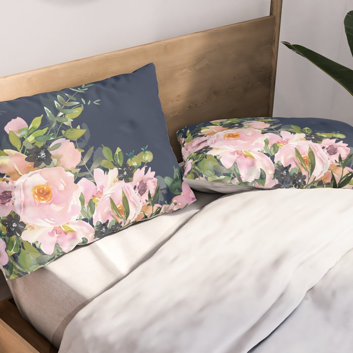 Boho, Floral Watercolor, Roses, Navy Blue and Pink Pillow Sham Gallery Image 2