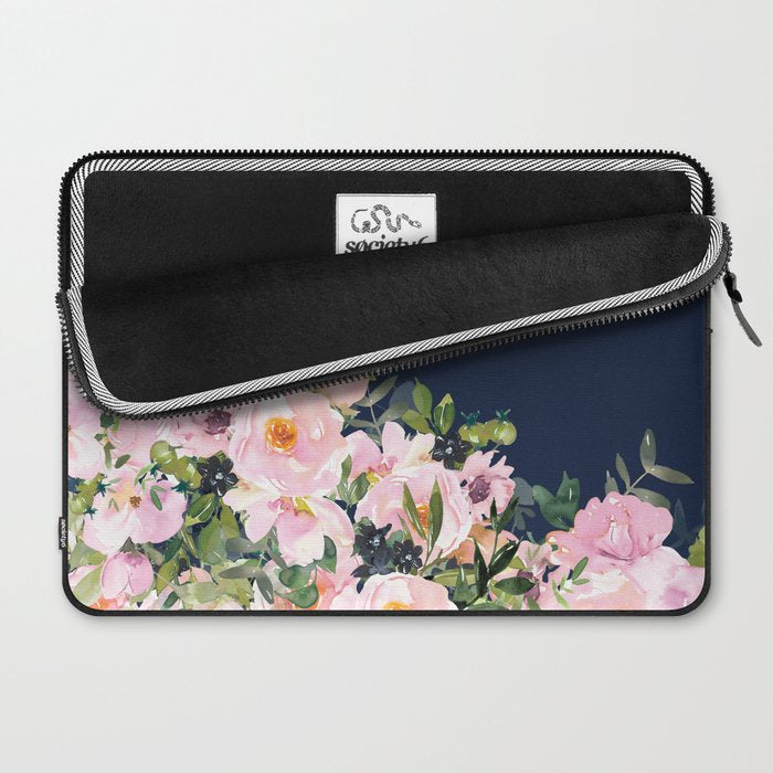 Boho, Floral Watercolor, Roses, Navy Blue and Pink Laptop Sleeve Gallery Image 2