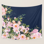 Boho, Floral Watercolor, Roses, Navy Blue and Pink Wall Tapestry Gallery Image 4