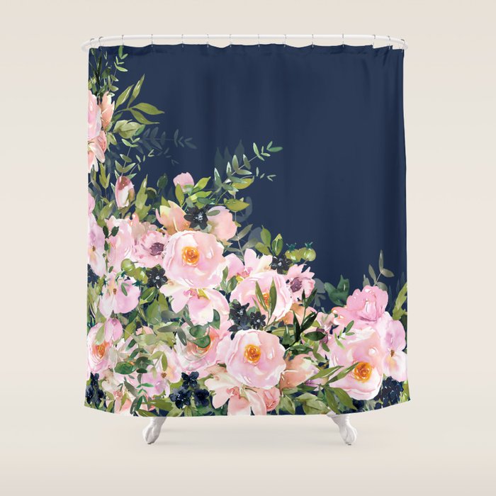 Boho, Floral Watercolor, Roses, Navy Blue and Pink Shower Curtain Gallery Image 1