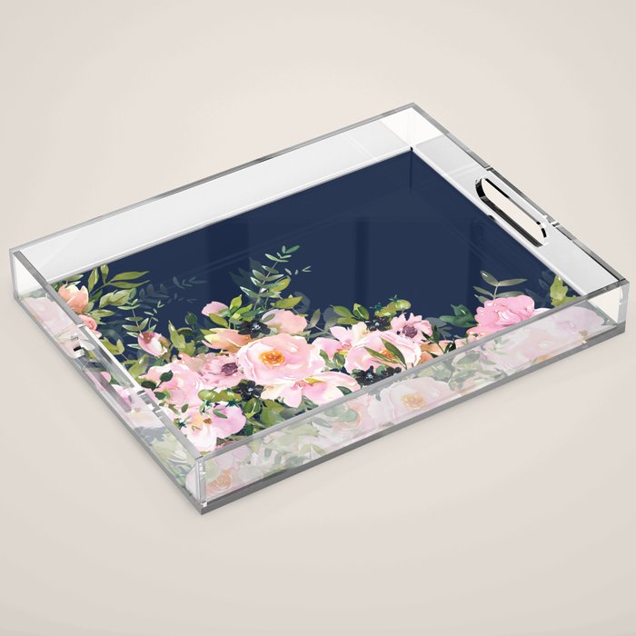 Boho, Floral Watercolor, Roses, Navy Blue and Pink Acrylic Tray Gallery Image 1