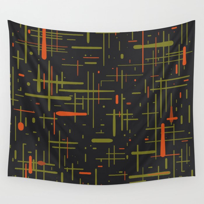 Mid-Century Modern Kinetikos Pattern Black Avocado Green Orange Wall Tapestry Gallery Image 4