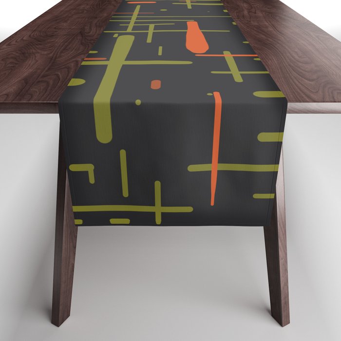 Mid-Century Modern Kinetikos Pattern Black Avocado Green Orange Table Runner Gallery Image 1