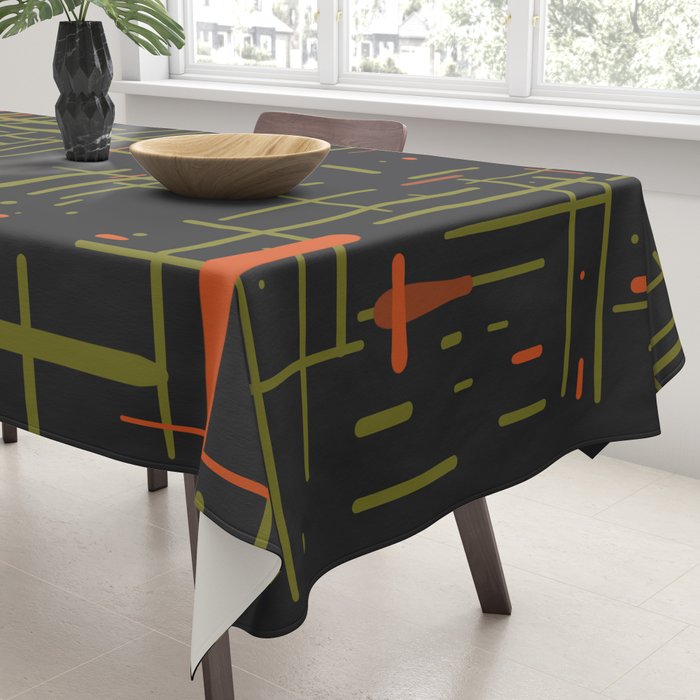 Mid-Century Modern Kinetikos Pattern Black Avocado Green Orange Tablecloth Gallery Image 3