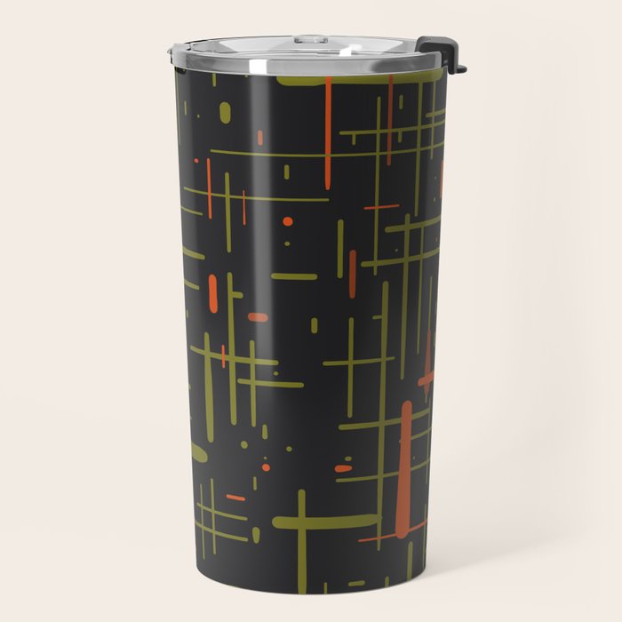 Mid-Century Modern Kinetikos Pattern Black Avocado Green Orange Travel Mug Gallery Image 2