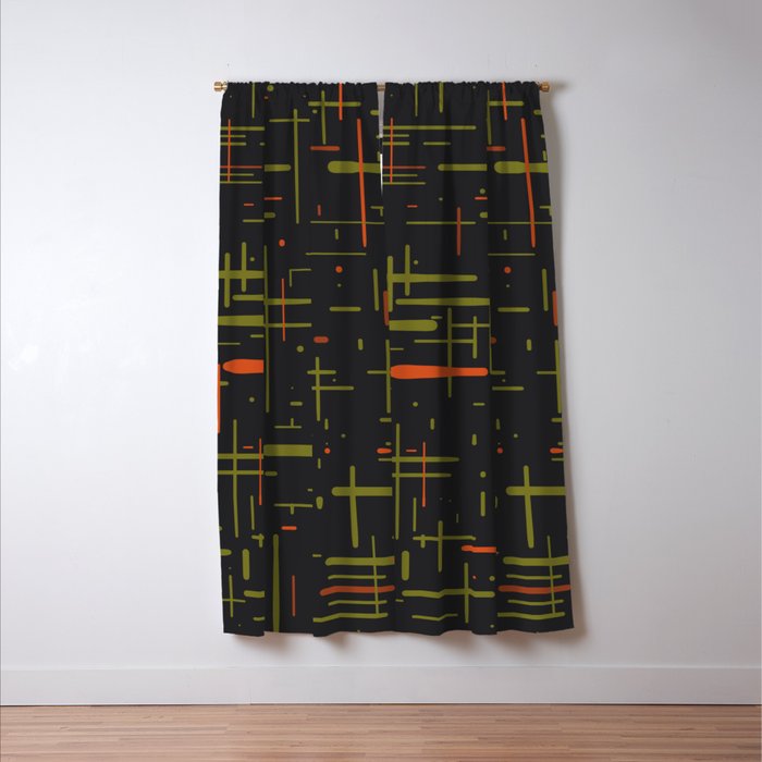 Mid-Century Modern Kinetikos Pattern Black Avocado Green Orange Window Curtain Gallery Image 3