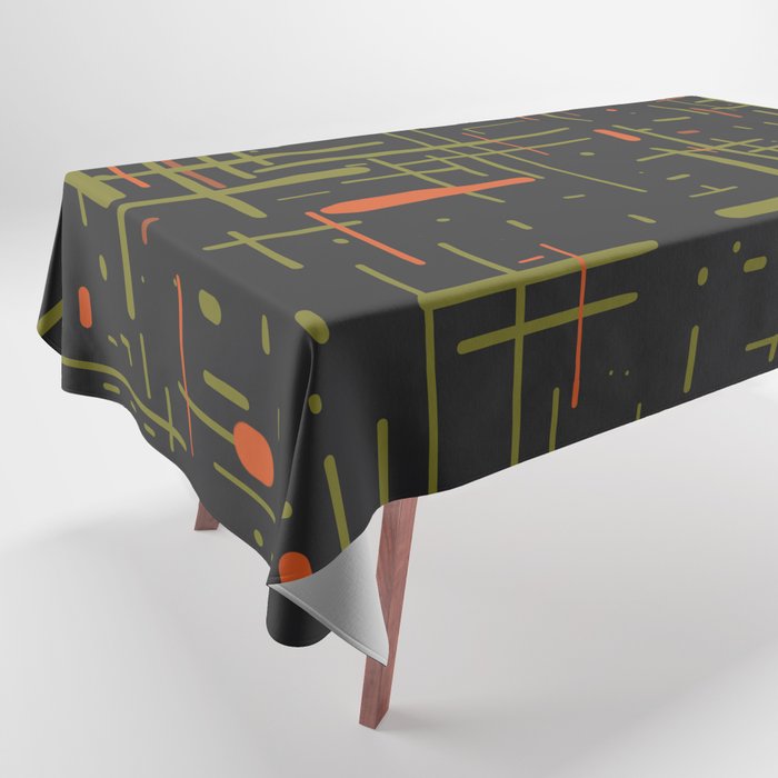 Mid-Century Modern Kinetikos Pattern Black Avocado Green Orange Tablecloth Gallery Image 1