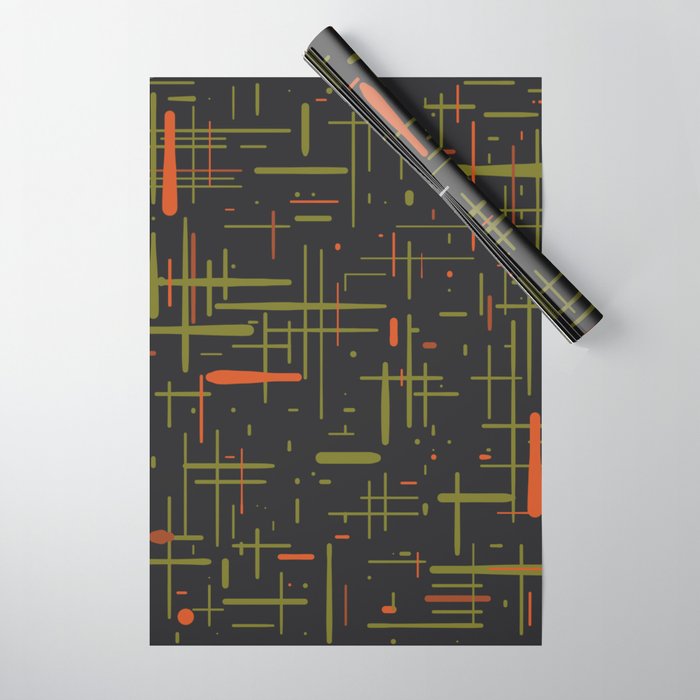 Mid-Century Modern Kinetikos Pattern Black Avocado Green Orange Wrapping Paper Gallery Image 1