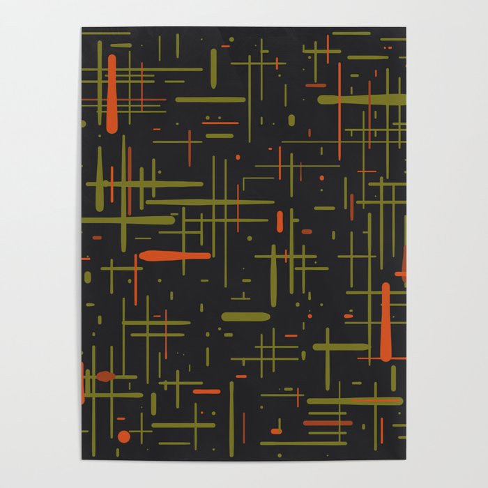 Mid-Century Modern Kinetikos Pattern Black Avocado Green Orange Poster Gallery Image 1