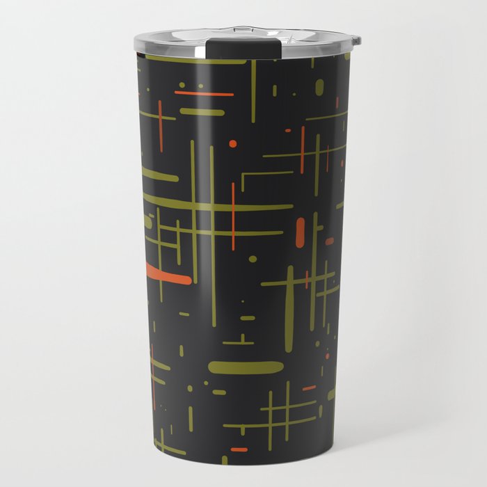 Mid-Century Modern Kinetikos Pattern Black Avocado Green Orange Travel Mug Gallery Image 1