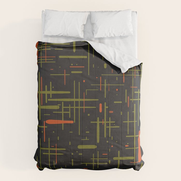 Mid-Century Modern Kinetikos Pattern Black Avocado Green Orange Comforter Gallery Image 1