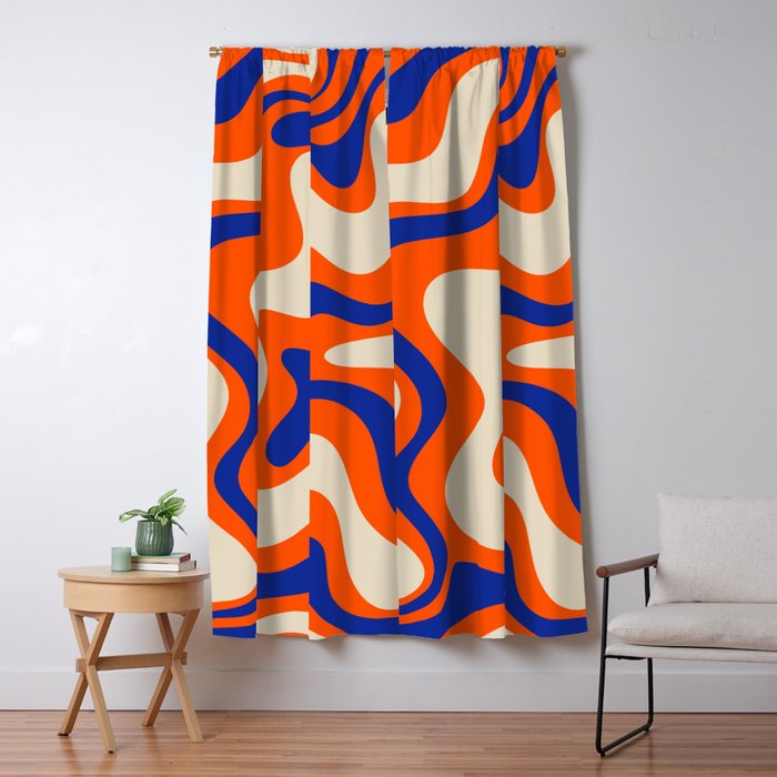 Bold and Groovy Retro Liquid Swirl Abstract Pattern Orange Cobalt Window Curtain Gallery Image 5