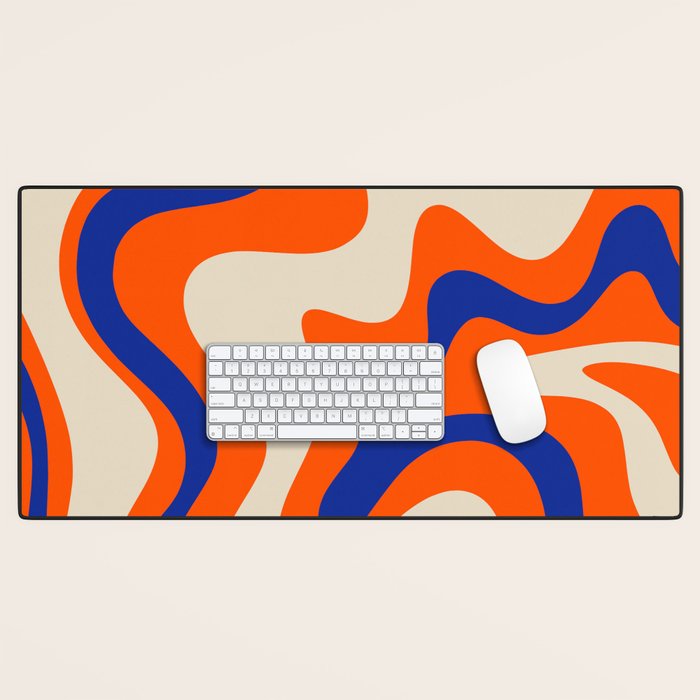Bold and Groovy Retro Liquid Swirl Abstract Pattern Orange Cobalt Desk Mat Gallery Image 1