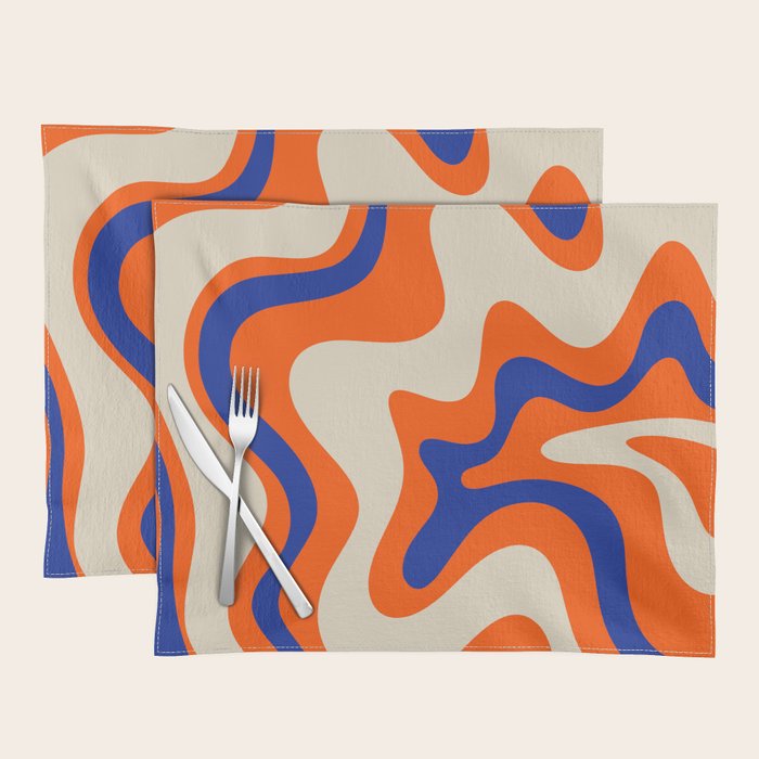 Bold and Groovy Retro Liquid Swirl Abstract Pattern Orange Cobalt Placemat Gallery Image 1