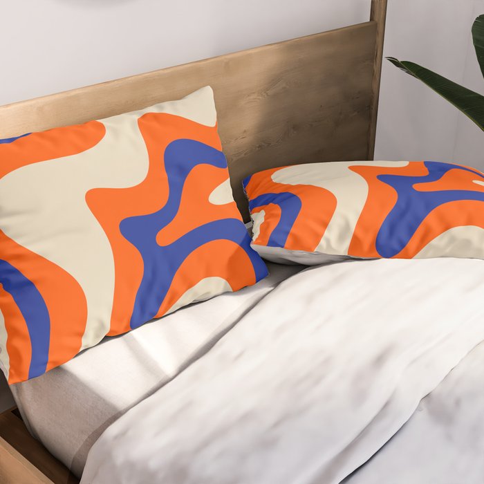 Bold and Groovy Retro Liquid Swirl Abstract Pattern Orange Cobalt Pillow Sham Gallery Image 2
