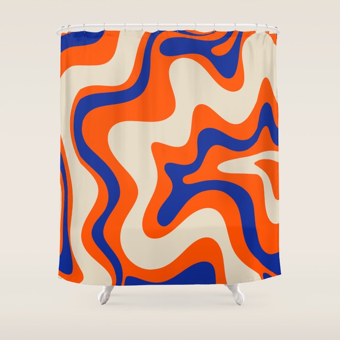 Bold and Groovy Retro Liquid Swirl Abstract Pattern Orange Cobalt Shower Curtain Gallery Image 1