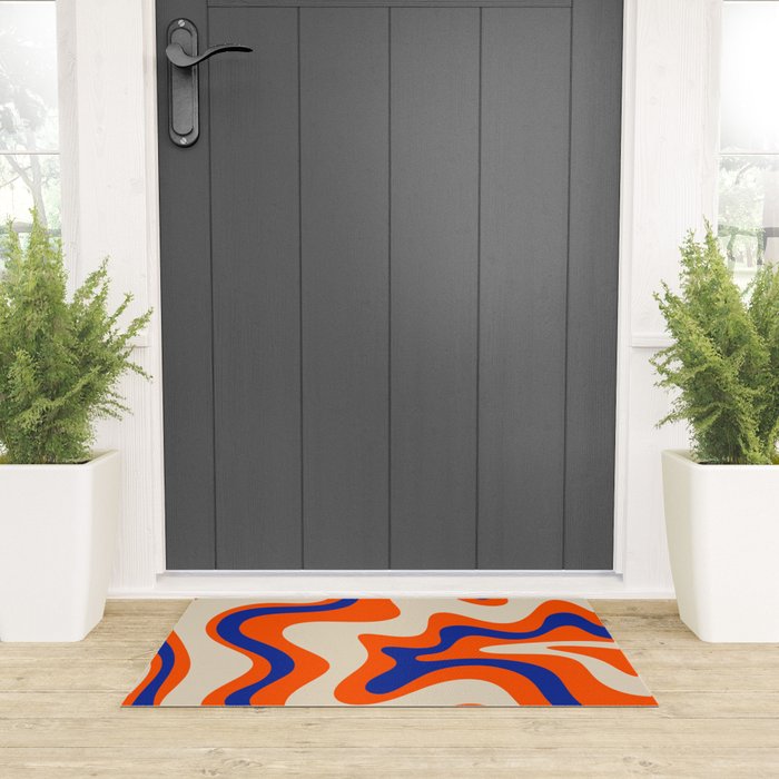 Bold and Groovy Retro Liquid Swirl Abstract Pattern Orange Cobalt Welcome Mat Gallery Image 3