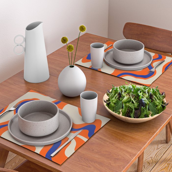 Bold and Groovy Retro Liquid Swirl Abstract Pattern Orange Cobalt Placemat Gallery Image 2