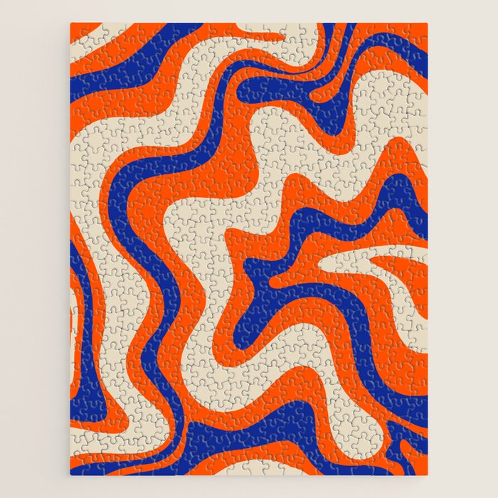 Bold and Groovy Retro Liquid Swirl Abstract Pattern Orange Cobalt Jigsaw Puzzle Gallery Image 1