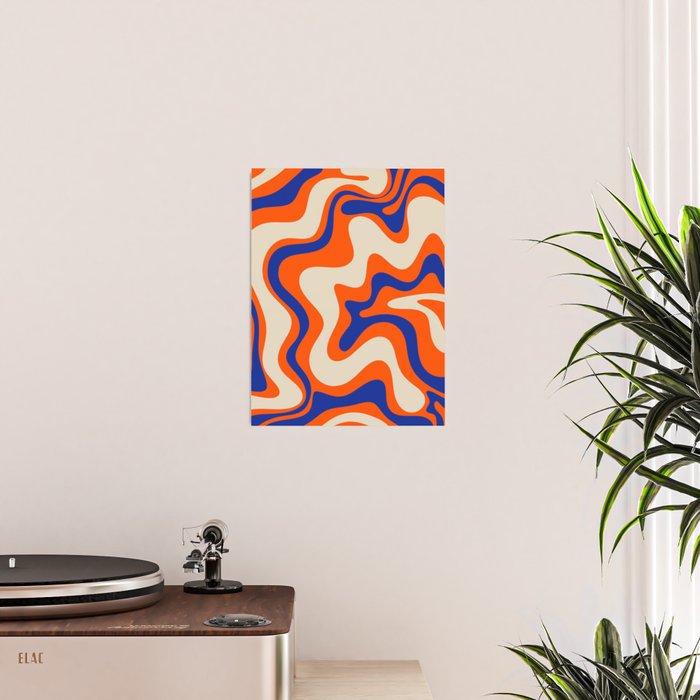 Bold and Groovy Retro Liquid Swirl Abstract Pattern Orange Cobalt Poster Gallery Image 2