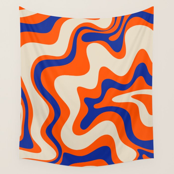 Bold and Groovy Retro Liquid Swirl Abstract Pattern Orange Cobalt Wall Tapestry Gallery Image 4