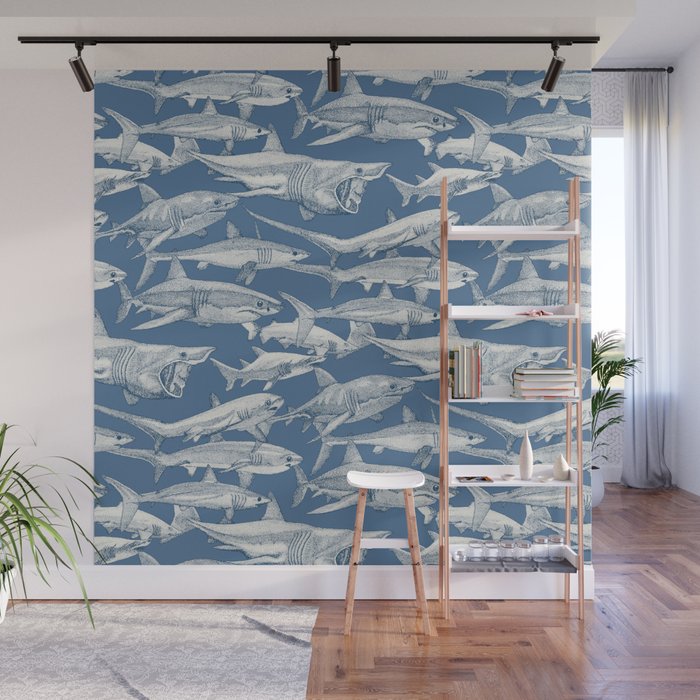 just sharks cobalt denim Wall Mural Gallery Image 1