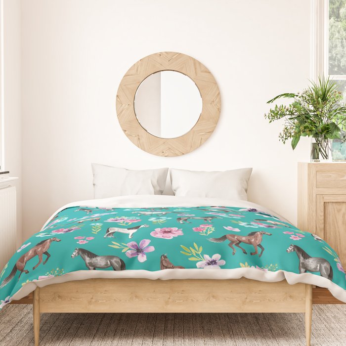 Horses and Flowers, Turquoise, Horse Decor, Horse Art, Western Decor Duvet Cover Gallery Image 3