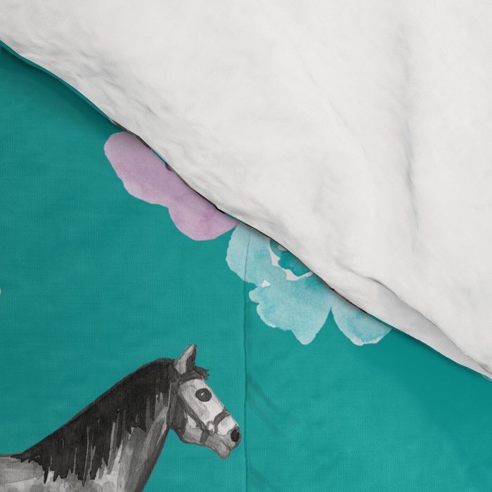 Horses and Flowers, Turquoise, Horse Decor, Horse Art, Western Decor Comforter Gallery Image 4