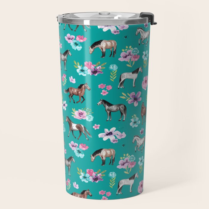 Horses and Flowers, Turquoise, Horse Decor, Horse Art, Western Decor Travel Mug Gallery Image 2