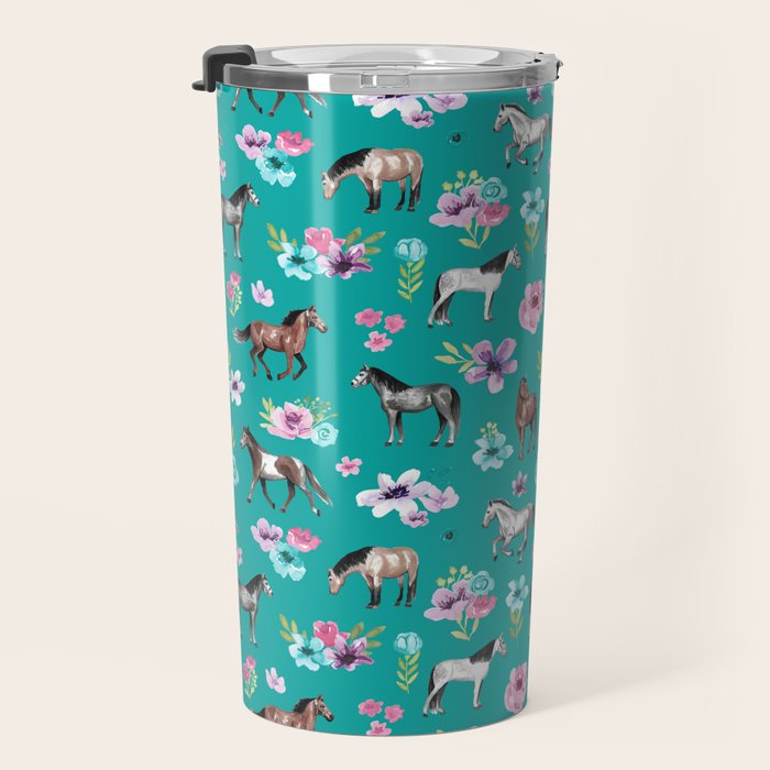 Horses and Flowers, Turquoise, Horse Decor, Horse Art, Western Decor Travel Mug Gallery Image 3