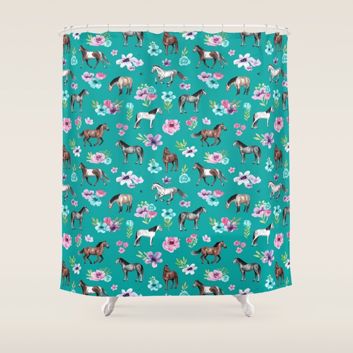 Horses and Flowers, Turquoise, Horse Decor, Horse Art, Western Decor Shower Curtain Gallery Image 1