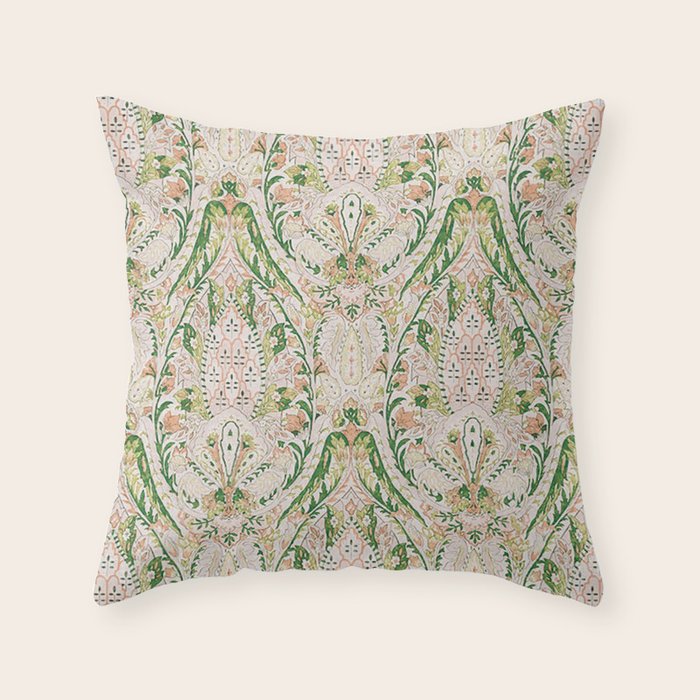 Green Pink Leaf Flower Paisley Throw Pillow Gallery Image 1