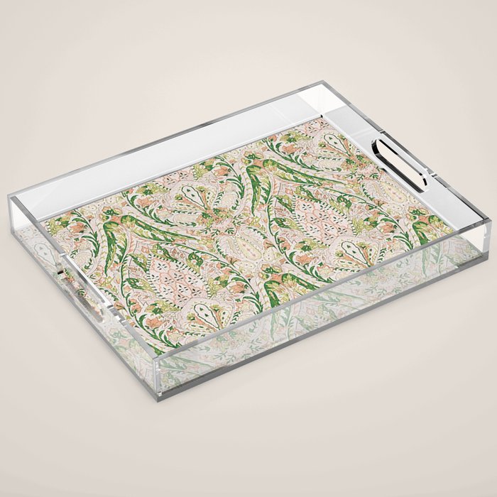 Green Pink Leaf Flower Paisley Acrylic Tray Gallery Image 1