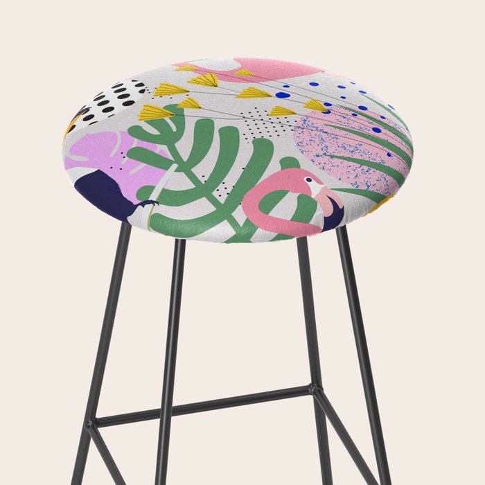 Tropical Spring | Pastel Quirky Modern Bohemian Jungle Botanical | Flamingo Palm Cockatoo Birds Stool Gallery Image 2