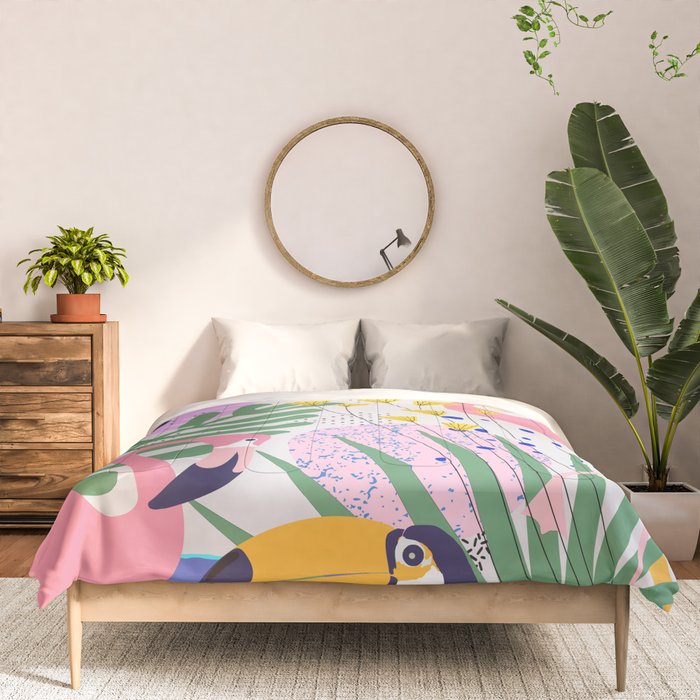 Tropical Spring | Pastel Quirky Modern Bohemian Jungle Botanical | Flamingo Palm Cockatoo Birds Comforter Gallery Image 3