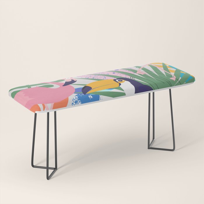Tropical Spring | Pastel Quirky Modern Bohemian Jungle Botanical | Flamingo Palm Cockatoo Birds Bench Gallery Image 1