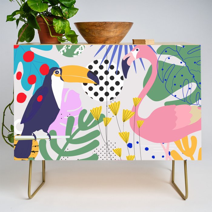 Tropical Spring | Pastel Quirky Modern Bohemian Jungle Botanical | Flamingo Palm Cockatoo Birds Credenza Gallery Image 1