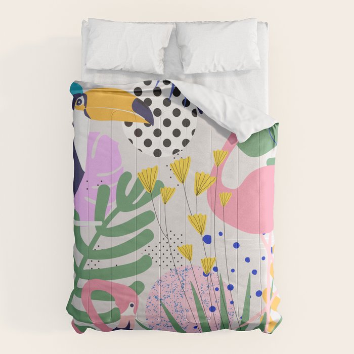 Tropical Spring | Pastel Quirky Modern Bohemian Jungle Botanical | Flamingo Palm Cockatoo Birds Comforter Gallery Image 6