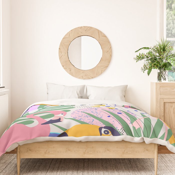 Tropical Spring | Pastel Quirky Modern Bohemian Jungle Botanical | Flamingo Palm Cockatoo Birds Duvet Cover Gallery Image 3