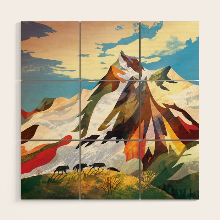 Pack of wolves high in the mountains Wood Wall Art Gallery Image 1