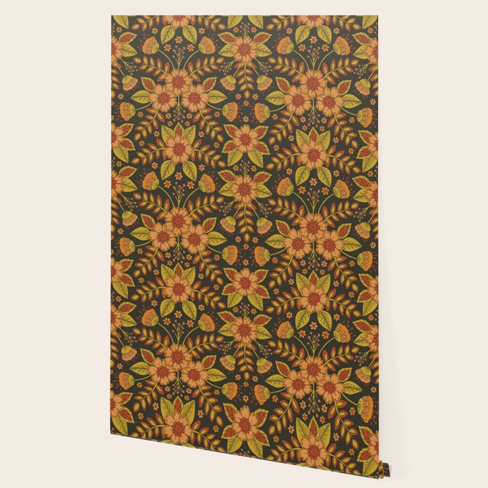 Orange, Peach, Olive Green & Dark Gray Floral Pattern Wallpaper Gallery Image 2
